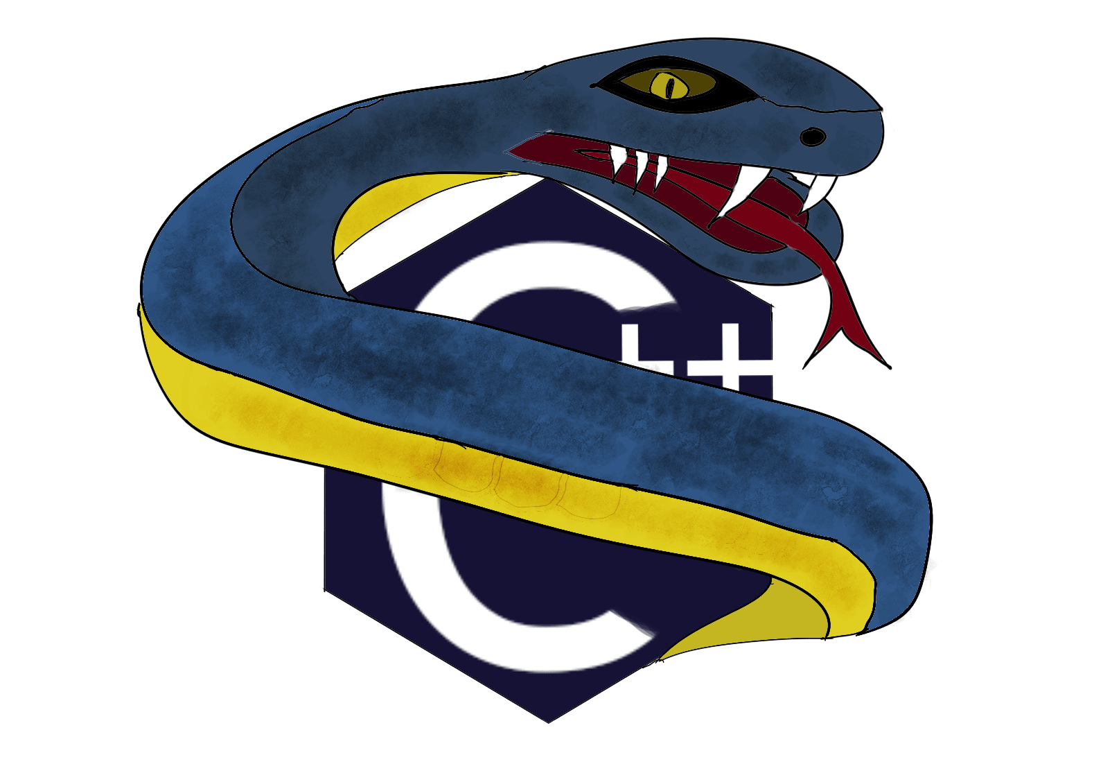 A blue and yellow python wrapped around C++ logo